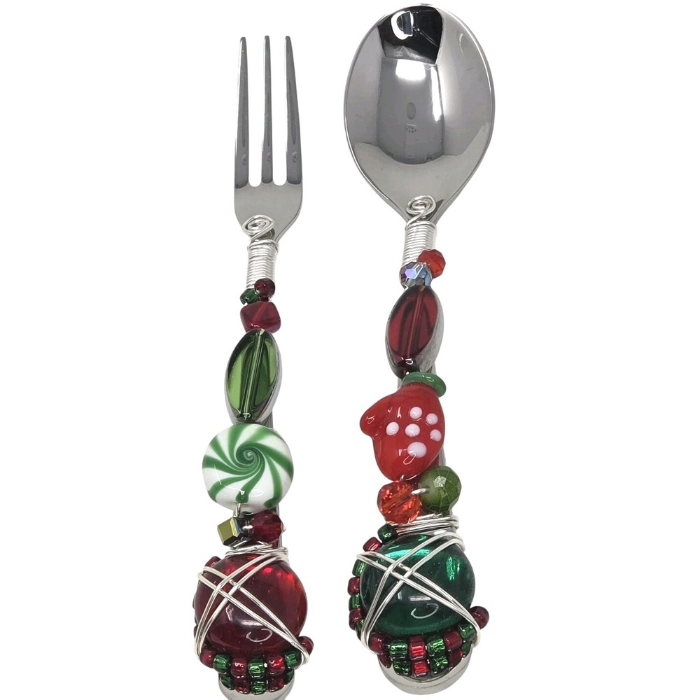 The Queen Bead Christmas Charcuterie Set Beaded Spoon‎ & Fork 6" NEW